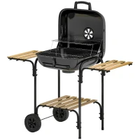 Outsunny Barbecue charbon de bois chariot de cuisson avec surface de cuisson 1840 cm² avec couvercle, étagères et roues, noir(m-1)