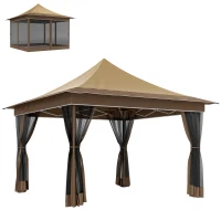 Outsunny Tonnelle de jardin 3,5 x 3,5 m, tente pliante avec 4 moustiquaires, hauteur réglable, sac de transport, beige(m-11)