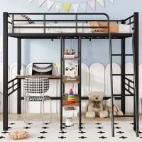 Lit mezzanine avec bureau, étagères, garde-corps et échelle en métal, 90×200 cm, sans matelas, Noir(m-4)