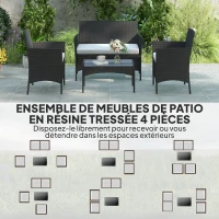 Outsunny Salon de jardin extérieur 4 personnes en résine tressée avec canapés et table basse en verre trempé coussins inclus gris(m-4)