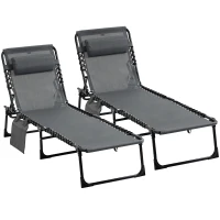 Outsunny Conjunto de 2 Tumbonas Plegables con Respaldo Ajustable Reposacabezas y Estructura de Acero 185x58x30 cm Gris(m-1)