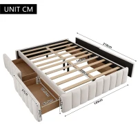 Letto imbottito con rete a doghe 140x200 cm, design minimalista, senza testiera, 4 cassetti contenitori, senza materasso, Beige(m-3)