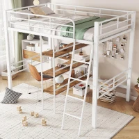 Struttura Letto a Soppalco con Scrivania, Mensola, Corrimano e Scaletta in Metallo, senza Materasso, 204x134x174 cm, Bianco(m-4)