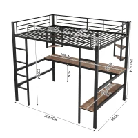 Lit mezzanine en métal 90x200 cm avec bureau et étagères, pour enfants et adultes, sans matelas, Noir(m-3)