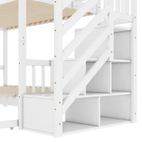 Lit superposé 90x200 cm avec lit gigogne, marches de rangement et deux tiroirs, sans matelas, Blanc(m-7)