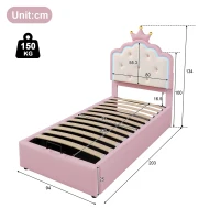 Lit rembourré 90x200 cm avec sommier à lattes, forme de princesse héritière, espace de rangement hydraulique,sans matelas, Rose(m-3)