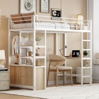 Lit mezzanine avec bureau 90×200 cm, armoire de rangement ouverte, avec garde-corps & échelle, sans matelas, Blanc(m-4)