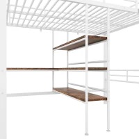 Struttura Letto a Soppalco con Scrivania, Mensola, Corrimano e Scaletta in Metallo, senza Materasso, 204x134x174 cm, Bianco(m-8)