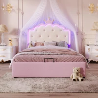 Lit rembourré 140 x 200 cm avec sommier à lattes, forme de couronne, espace de rangement hydraulique, sans matelas, Rose(m-4)