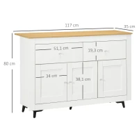 HOMCOM Buffet cuisine avec 2 tiroirs 3 portes et étagère réglable, pour cuisine, salle à manger, salon, 117 x 35 x 80 cm, blanc(m-3)