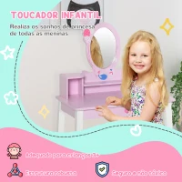 HOMCOM Toucador Infantil com Banco e Espelho Mesa de Maquilhagem Infantil Estilo Princesa de Madeira 59x39x92cm Rosa(m-5)