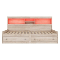 Canapé-cama 90×200 cm con puerto USB, iluminación LED y dos cajones, sin colchón, 203x115x90 cm, Natural