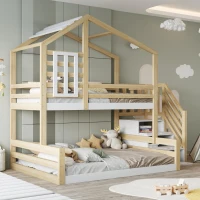 Lit superposé en bois avec design de fenêtre 90×200 cm, avec escalier avec rangement,sans matelas, Naturel(m-5)