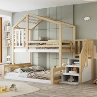 Lit superposé en bois avec design de fenêtre 90×200 cm, avec escalier avec rangement,sans matelas, Naturel(m-1)