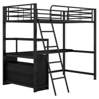 Letto a soppalco con struttura in ferro 90×200 cm, con scrivania a forma di L e cassetti, senza materasso, Nero(m-6)