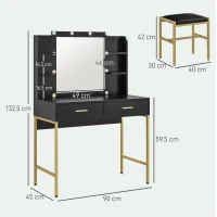 HOMCOM Coiffeuse avec miroir et éclairage intégré, tabouret rembourré, 2 tiroirs, étagères, coiffeuse moderne, noir(m-3)