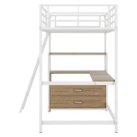 Letto a soppalco con struttura in ferro 90×200 cm, con scrivania a forma di L e cassetti, senza materasso, Bianco(m-8)