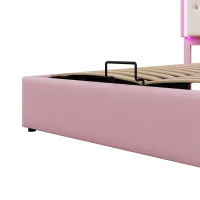 Lit rembourré 140 x 200 cm avec sommier à lattes, forme de couronne, espace de rangement hydraulique, sans matelas, Rose(m-8)