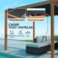 Outsunny Pergola 3 x 6 m  pergola d'extérieur tonnelle avec persiennes manivelle toit réglable en aluminium crochets bois naturel(m-5)