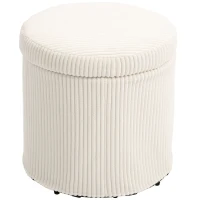 HOMCOM Puff de Arrumação Baú de Arrumação Redondo Estofado em Veludo Cotelê  Tampa Removível Ø40x41 cm Creme(m-11)