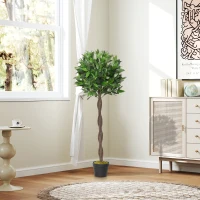 Outsunny 2er-Set Künstlicher Lorbeerbaum, 120 cm, Kunstpflanzen im Zementtopf, Kunststoff-Pflanzen für drinnen und draußen, Grün(m-4)