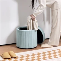 HOMCOM Puff de Arrumação Baú de Arrumação Redondo Estofado em Veludo Cotelê  Tampa Removível Ø40x41 cm Azul Claro(m-9)