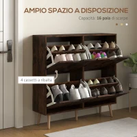 HOMCOM Mobile Scarpiera con 4 Cassetti Ribaltabili a 2 Livelli per 16 Paia, in Legno, 95x26x95 cm, Marrone(m-4)