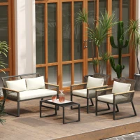 Outsunny Four Piece Wicker Rope Garden Furniture Set with Glass Top Coffee Table - Grey(m-2)