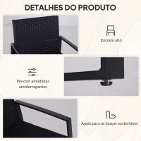 Outsunny Conjunto de Jardim de Vime 3 Peças 1 Mesa 42,5x40x39 cm 2 Poltronas 63x57x76 cm Almofada Acolchoada para Pátio Varanda Preto(m-6)