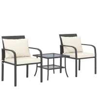 Outsunny Conjunto de Jardim de 3 Peças com 2 Cadeiras e Mesa com Prateleira e Bancada de Vidro Marrom Escuro e Creme(m-11)