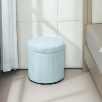 HOMCOM Puff de Arrumação Baú de Arrumação Redondo Estofado em Veludo Cotelê  Tampa Removível Ø40x41 cm Azul Claro(m-2)