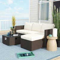 Outsunny Five Piece Rattan Garden Furniture Set with Gas Fire Pit Table and Footstool - Brown and Cream White(m-9)