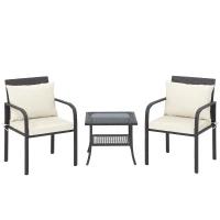 Outsunny Conjunto de Jardim de 3 Peças com 2 Cadeiras e Mesa com Prateleira e Bancada de Vidro Marrom Escuro e Creme(m-1)