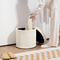 HOMCOM Puff de Arrumação Baú de Arrumação Redondo Estofado em Veludo Cotelê  Tampa Removível Ø40x41 cm Creme(m-9)
