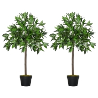 Outsunny Artificial Bay Laurel Topiary Trees w/ Pot Fake, Set Of 2 90cm/3FT Indoor Greenery Plant Home Office Garden Decor Green