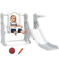 AIYAPLAY Escorrega Infantil 4 em 1 Baloiço e Escorrega Escalador Tabela de Basquetebol Temática de Coelho 147,5x160x107 cm Cinza(m-10)