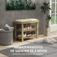 HOMCOM Banco Sapateira de Bambu Sapateira com Assento Almofadado 2 Prateleiras para 6 Pares de Sapatos 60x29x49 cm Madeira e Creme(m-5)