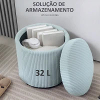 HOMCOM Puff de Arrumação Baú de Arrumação Redondo Estofado em Veludo Cotelê  Tampa Removível Ø40x41 cm Azul Claro(m-6)