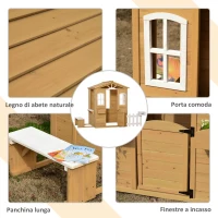 Outsunny Casetta per Bambini in Legno con Finestre, Staccionata e Panca, 205x119x140 cm, Legno Naturale(m-5)