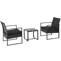 Outsunny Conjunto de Jardim de Vime 3 Peças 1 Mesa 42,5x40x39 cm 2 Poltronas 63x57x76 cm Almofada Acolchoada para Pátio Varanda Preto(m-11)
