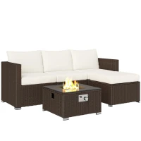 Outsunny Five Piece Rattan Garden Furniture Set with Gas Fire Pit Table and Footstool - Brown and Cream White(m-10)