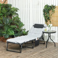 Outsunny Bain de soleil chaise longue pliante avec coussin appuie-tête poche latérale inclinable 58 x 189 x 32,5 cm gris clair(m-2)