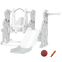 AIYAPLAY Escorrega Infantil 4 em 1 Baloiço e Escorrega Escalador Tabela de Basquetebol Temática de Coelho 147,5x160x107 cm Cinza(m-11)