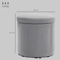 HOMCOM Puff de Arrumação Baú de Arrumação Redondo Estofado em Veludo Cotelê  Tampa Removível Ø40x41 cm Cinza Claro(m-3)