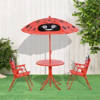 Outsunny Ensemble Salon de Jardin Enfant 4 pcs Design Coccinelle - Table Ronde + 2 chaises Pliables + Parasol - métal époxy Oxford Rouge(m-7)