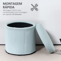 HOMCOM Puff de Arrumação Baú de Arrumação Redondo Estofado em Veludo Cotelê  Tampa Removível Ø40x41 cm Azul Claro(m-7)