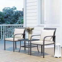 Outsunny Conjunto de Jardim de 3 Peças com 2 Cadeiras e Mesa com Prateleira e Bancada de Vidro Marrom Escuro e Creme(m-8)