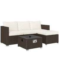 Outsunny Five Piece Rattan Garden Furniture Set with Gas Fire Pit Table and Footstool - Brown and Cream White(m-1)