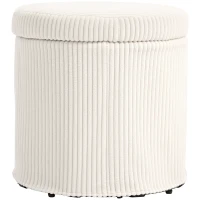 HOMCOM Puff de Arrumação Baú de Arrumação Redondo Estofado em Veludo Cotelê  Tampa Removível Ø40x41 cm Creme(m-10)