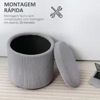 HOMCOM Puff de Arrumação Baú de Arrumação Redondo Estofado em Veludo Cotelê  Tampa Removível Ø40x41 cm Cinza Claro(m-7)